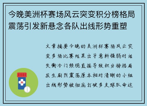 今晚美洲杯赛场风云突变积分榜格局震荡引发新悬念各队出线形势重塑